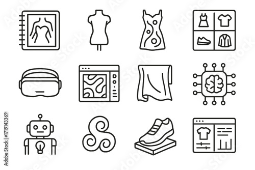 Generative Fashion Icons. Outline icon set of Generative fashion design: AI sketchpad, digital mannequin,