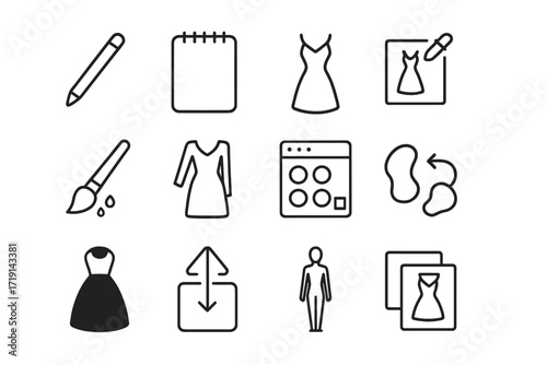 AI Fashion Icon Set. Outline icon set of AI-powered fashion sketches: stylus pen, sketchpad, abstract dress