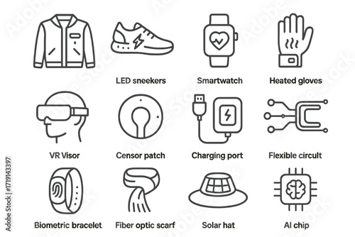 Wearable Tech Icons. Outline icon set of Wearable tech fashion: smart jacket, LED sneakers, smartwatch, heated