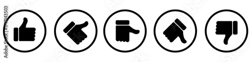 Set of colourful hand gesture icons including thumbs up, thumbs down, and neutral signs in circles. Perfect for feedback, ratings, approvals, user reviews, and reaction graphics. Icons, vector.