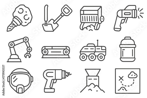 Space Mining Equipment Icons. Outline icon set of Space mining equipment: asteroid drill, regolith shovel, ore