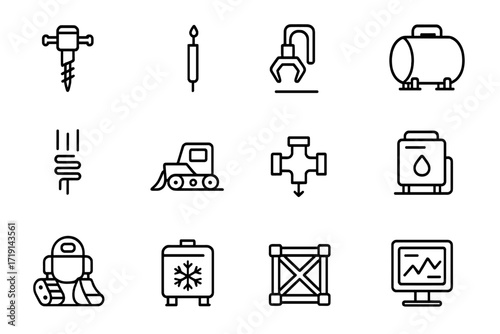 Ice Machine Icons. Outline icon set of Ice extraction machines: ice drill, thermal lance, robotic claw,