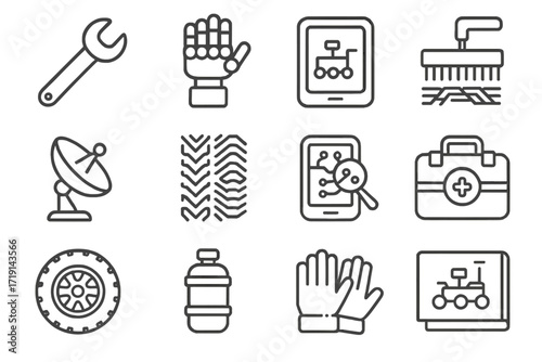 Mars Rover Toolset Icons. Outline icon set of Mars rover maintenance tools: wrench, robotic hand, diagnostic