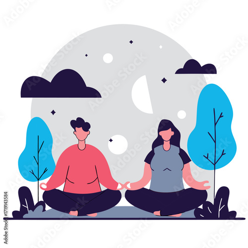 Peaceful illustration of a couple doing yoga and meditation together under the moon and stars.