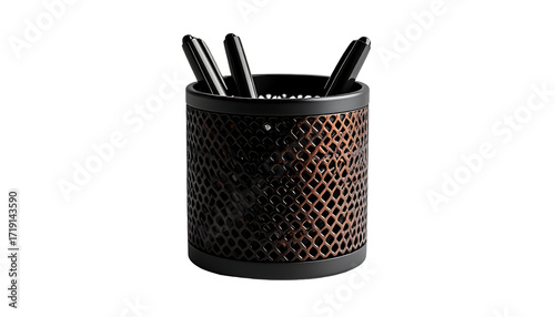 Cylindrical pen holder with dark bronze patterned metal body, black top and base, holding several black pens