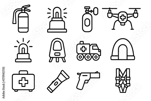 Terraforming Tools Icons. Outline icon set of Terraforming emergency tools: fire extinguisher, emergency