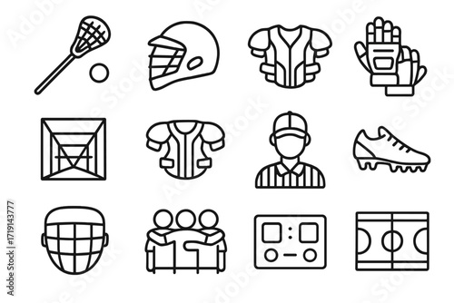Lacrosse Icon Set. Outline icon set of lacrosse: stick, ball, helmet, gloves, goal net, shoulder pads, referee