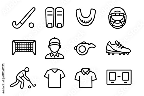 Field Hockey Icons. Outline icon set of field hockey: stick, ball, shin guards, mouth guard, helmet, goal cage