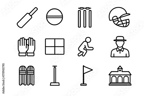 Cricket Icon Set. Outline icon set of cricket: bat, ball, wicket, helmet, gloves, scoreboard, fielding player,