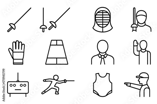 Fencing Icons Set. Outline icon set of fencing: foil sword, epee, sabre, helmet mask, glove, piste, referee,
