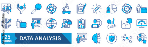 Data analysis set of web icons. Data analytics icons for web and mobile app. Graphs, traffic analysis, data processing, research network collection, statistics, analytics, performance.
