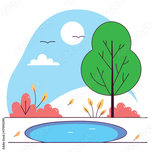 Summer park landscape with green tree, bushes, and pond under blue sky.