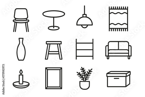 Scandinavian Design Icons. Outline icon set of Scandinavian design: minimalist chair, round table, pendant