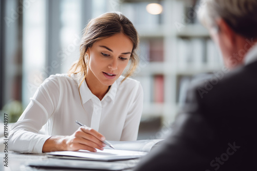 Free Download Young professional woman reviewing and signing documents in a modern office during a business meeting — focused teamwork and corporate consultation - GFXLoad