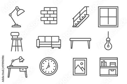 Modern Loft Icons. Outline icon set of modern loft: steel lamp, exposed brick, metal staircase, large window,