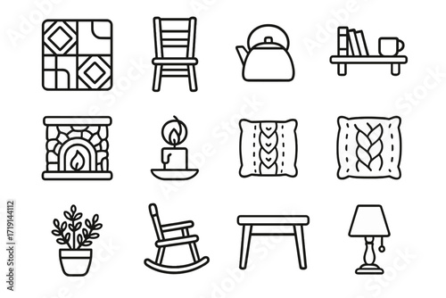 Cozy Cottage Icons. Outline icon set of cozy cottage: quilt, wooden chair, stone fireplace, wall shelf, kettle