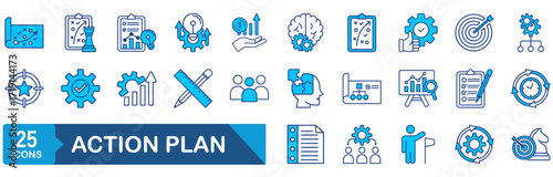 Action plan set of web icons. Strategy action planning icons for web and mobile app. Containing strategy, analysis, planning, strategy, analysis, tasks, goal, implementation and more