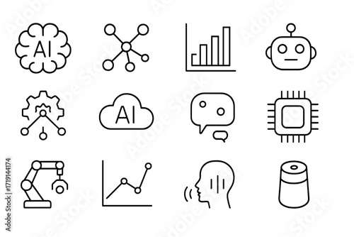 AI Icon Grid. Outline icon set of AI and machine learning: AI brain, neural network, data chart, robot head,