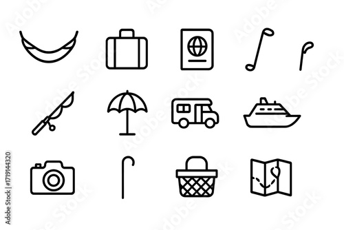 Retirement Icons Collection. Outline icon set of retirement life: hammock, suitcase, passport, golf club,