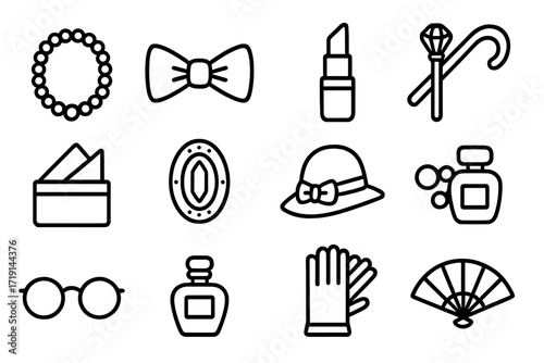 Stylish Aging Icons. Outline icon set of aging gracefully in style: pearl necklace, bow tie, lipstick, cane