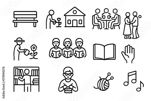 Community Aging Icons. Outline icon set of aging in community: park bench, community hall, tea group, garden,