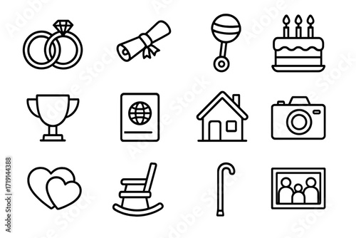 Life Milestones Icons. Outline icon set of life milestones: wedding rings, diploma scroll, baby rattle,