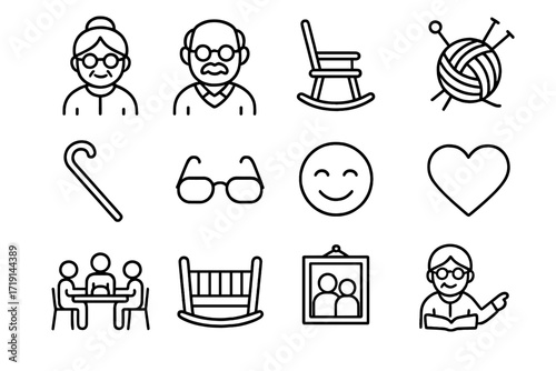 Grandparents Icon Set. Outline icon set of grandparents: grandmother figure, grandfather figure, rocking chair