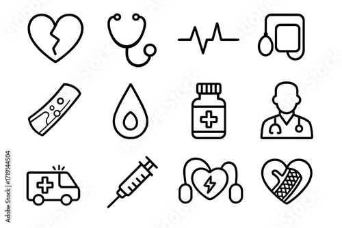 Cardiovascular Icon Set. Outline icon set of cardiovascular conditions: heart with crack, stethoscope, ECG