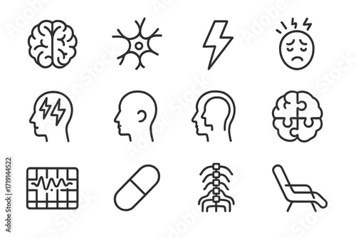 Neurological Icons Set. Outline icon set of neurological conditions: brain, neuron, lightning bolt, migraine