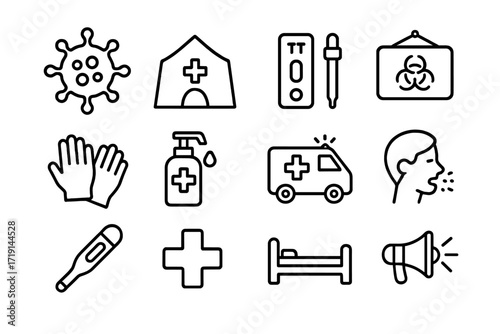 Infectious Outbreak Icons. Outline icon set of infectious outbreaks: virus cell, hospital tent, test kit,