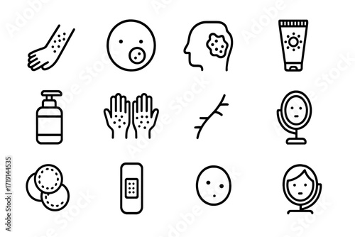 Skin Care Icons. Outline icon set of skin conditions: rash icon, acne spot, eczema patch, sunscreen tube,
