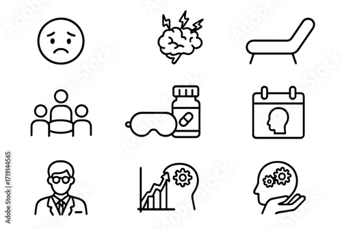 Mental Health Icons. Outline icon set of mental health disorders: sad face, anxious icon, brain storm, therapy