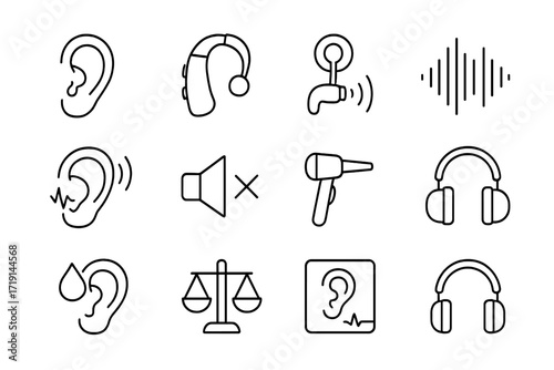 Hearing Disorder Icons Set. Outline icon set of hearing disorders: ear, hearing aid, cochlear implant, sound