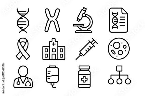 Rare Diseases Icons. Outline icon set of rare diseases: DNA helix, chromosome, microscope, lab report, rare