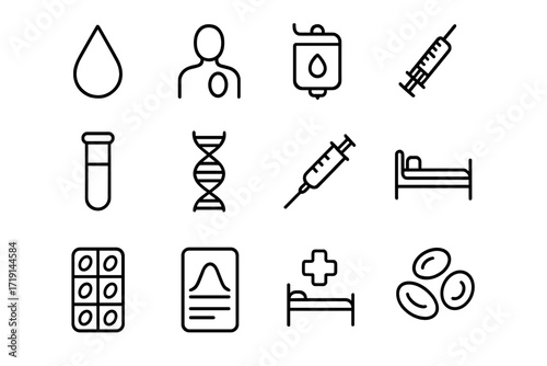 Blood Disorder Icon Set. Outline icon set of blood disorders: blood drop, anemia icon, IV drip, test tube, DNA