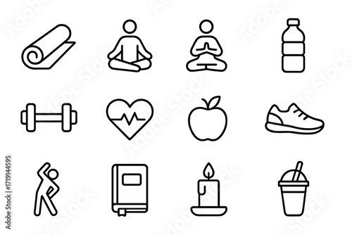 Wellness Icon Grid. Outline icon set of wellness lifestyle: yoga mat, lotus pose, meditation icon, water