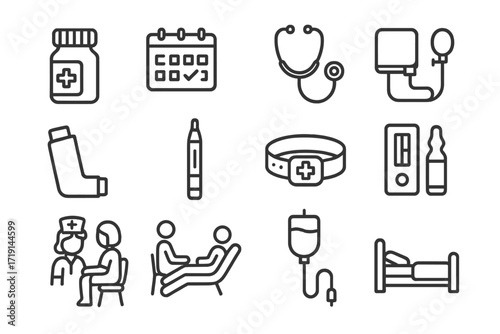 Chronic Illness Icons. Outline icon set of chronic illnesses: pill bottle, calendar, stethoscope, blood