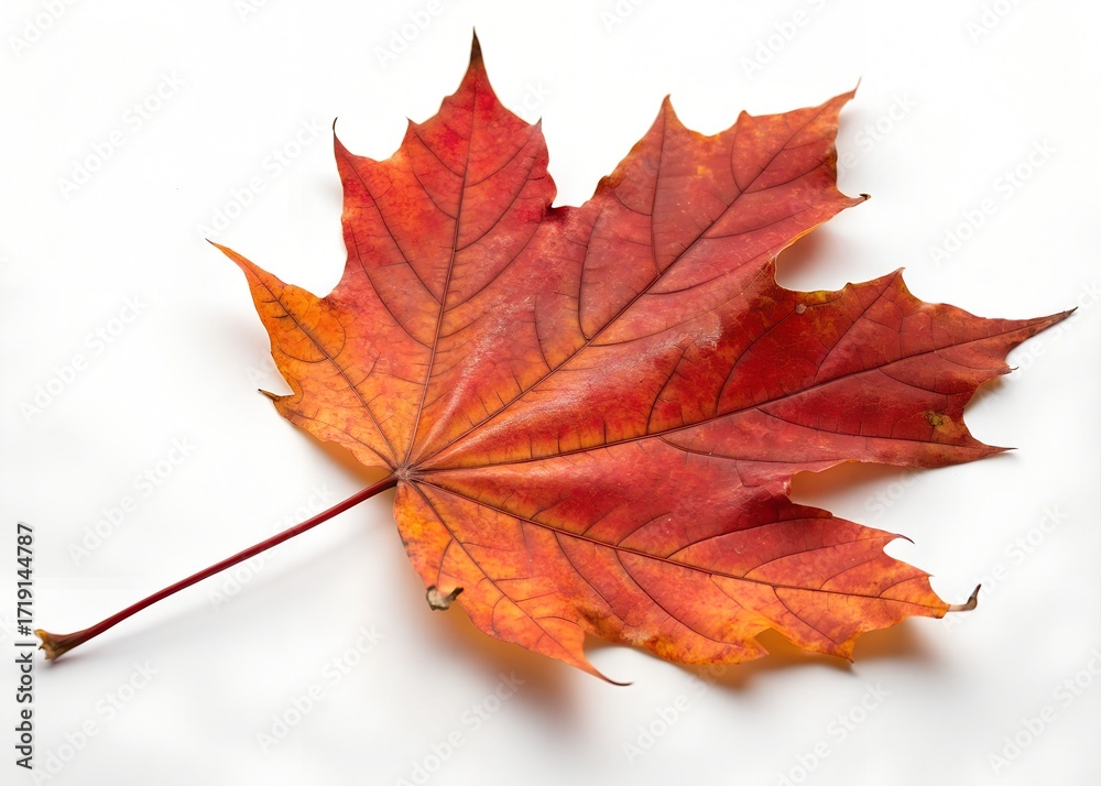 Fototapeta premium Single autumn maple leaf with gradient red, orange, and yellow coloration on white background 