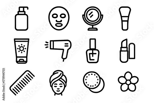 Skincare Icon Set. Outline icon set of skincare and beauty: lotion bottle, face mask, mirror, makeup brush,