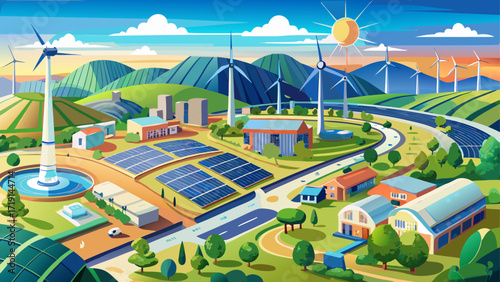 

Very beautiful panorama Aerial panoramic view of a large scale sustainable infrastructure development project with solar farms wind turbines and smart grid technology integrated for 