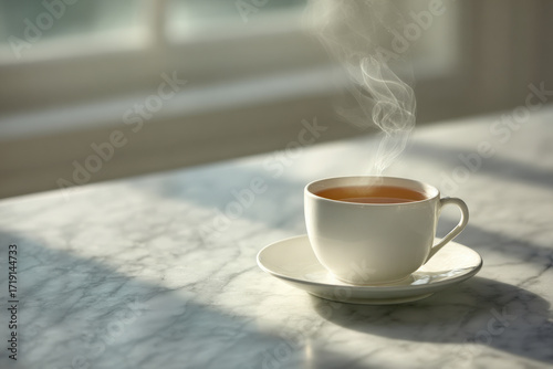 serene morning scene featuring white cup filled with tea placed elegantly on marble surface