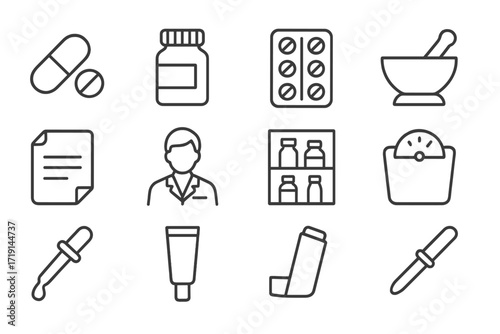 Pharmacy Icon Set. Outline icon set of pharmacy and medication: pill capsule, pill bottle, blister pack,