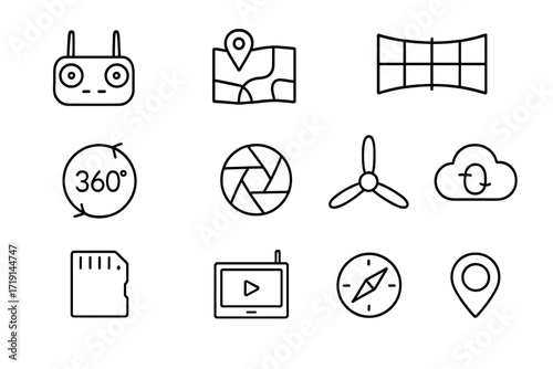 Drone Tools Icon Set. Outline icon set of drone panorama tools: drone controller, GPS map, camera gimbal,