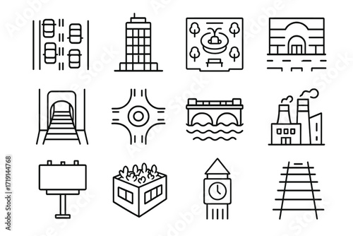 Urban Icon Set. Outline icon set of urban drone footage: traffic jam, skyscraper, plaza, shopping mall, metro
