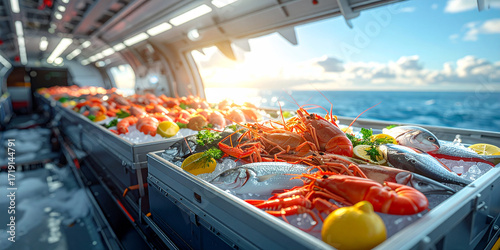Fresh Seafood Cargo Vibrant Ocean Backdrop, Airplane Transport, Exquisite Culinary Delights