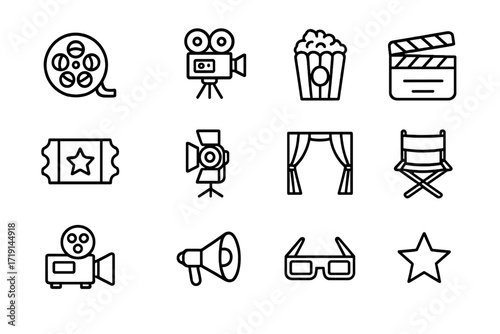 Old Cinema Icons. Outline icon set of old cinema: film reel, movie camera, clapperboard, popcorn, cinema
