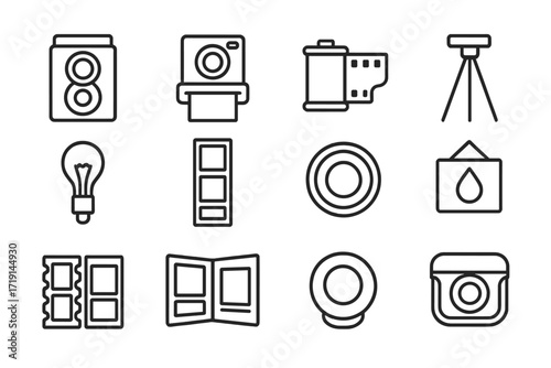 Retro Photography Icons. Outline icon set of retro photography: box camera, Polaroid, photo film, tripod,