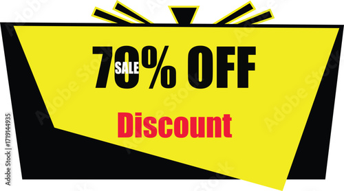 A yellow and black seventy percent off discount sale tag with red text on a white background image view