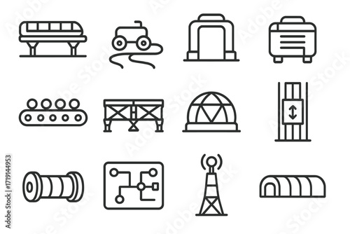 Terraforming Transport Icons. Outline icon set of Terraforming transport infrastructure: maglev track, rover