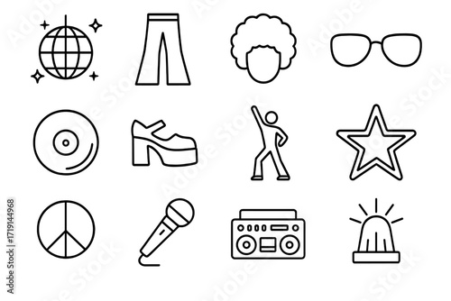 70s Disco Icons. Outline icon set of 70s disco: disco ball, flared pants, afro hairstyle, sunglasses, vinyl
